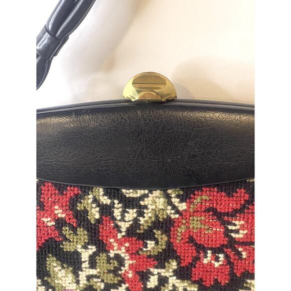 Vtg 70's FLORAL Embroidered Hand Bag Purse HIPPIE FLOWER MoD KISS LOCK Satchel - Picture 5 of 8